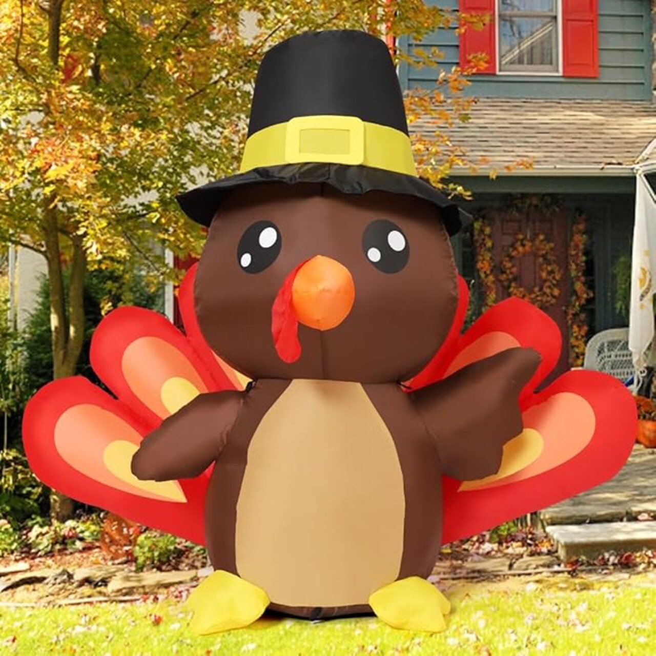 GOOSH 4FT Tall Thanksgiving Inflatables Turkey Baby in Hat with Built-in LEDs